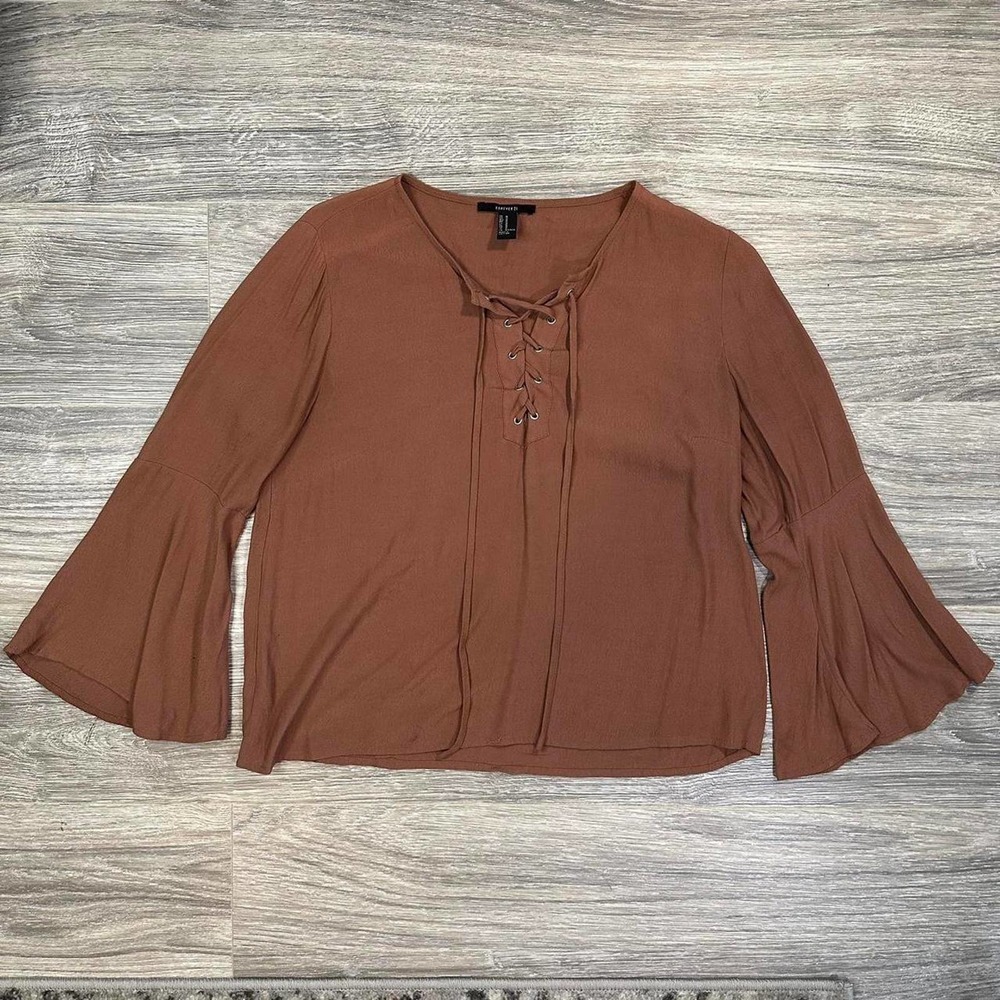 Forever 21 3/4 Brown Flared Sleeve Blouse Boho Blouse Women's Medium